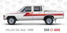 ملصق جانبي هايلكس سنجل تويوتا غمارتين 	
جانبي موديلات السيارات  تويوتا  هيلوكس	
hilux 4WD single 1986side sticker	
Custom-designed adhesive tape for Hilux vehicles	
TOYOTA HILUX PICKUP DLX DOUBLE	
Toyota Hilux 4x2 Double Cab	
خط تويوتا هايلكس  بريمي 1986