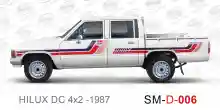 ملصق جانبي هايلكس سنجل تويوتا غمارتين 	
جانبي موديلات السيارات  تويوتا  هيلوكس	
hilux 4WD single 1987side sticker	
Custom-designed adhesive tape for Hilux vehicles	
TOYOTA HILUX PICKUP DLX DOUBLE	
Toyota Hilux 4x2 Double Cab	
خط تويوتا هايلكس  بريمي 1987
